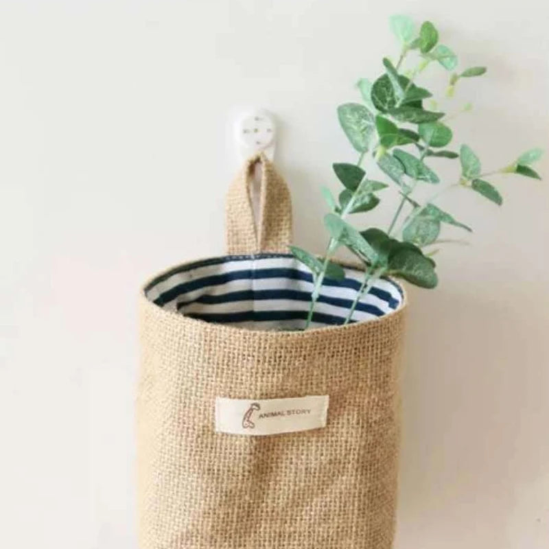 Cotton Linen Storage Basket Hanging Pocket Jute Bag