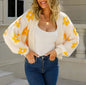 Loose Fit Short Knitted Flower Sweater with Lantern Sleeves - Kia Day Design