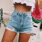 Ripped side slit cat-claw high-waisted jean shorts Light Blue XL