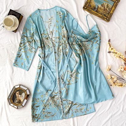 Printed Ice Silk Sling Nightgown - Light Green Cherry XL - nightgown