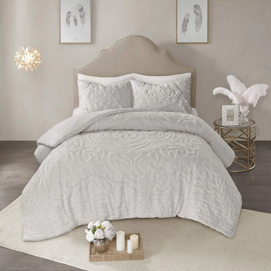 Madison Park Laetitia Tufted Cotton Chenille Medallion Down Alternative Bed Set 3 Piece - Floral Grey King Cal King(104"x92") - bedding set