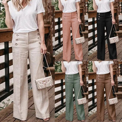 Women's High-Waisted Button Wide-Leg Pants - Kia Day Design