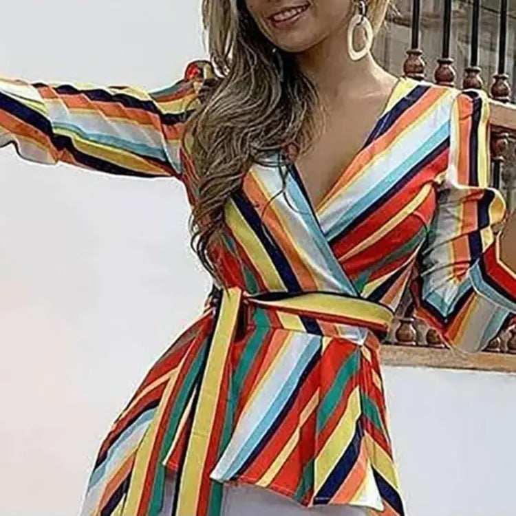 Rainbow Striped Long Sleeve Tie Blouse - - Women's Fashion - Women's Clothing - Blouses & Shirts
