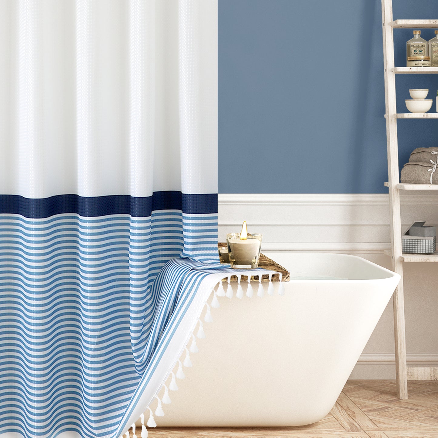 Blue Striped Shower Curtain With Tassels Machine Washable Water Repellent