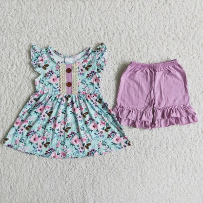 Flower Summer Pocket Ruffle Top and Shorts Set blue purple