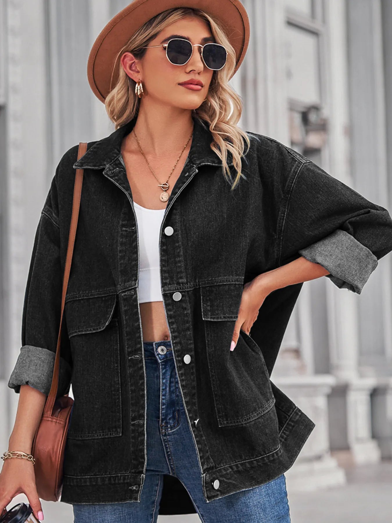 Button Up Long Sleeve Denim Jacket - Black -