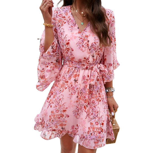 Women V-Neck Floral Printed Dresses Half Sleeve Lace Up Belt Short Dress