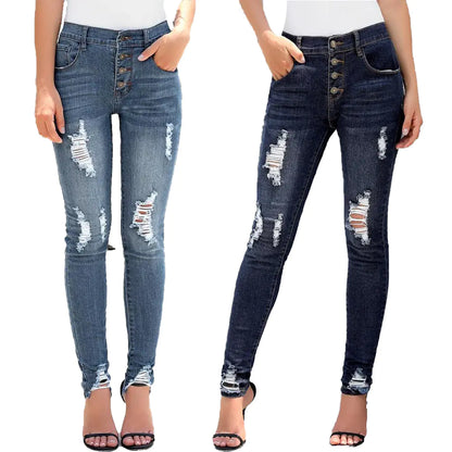 High Waist Low Cut Jeans with Button Detail - Kia Day Design