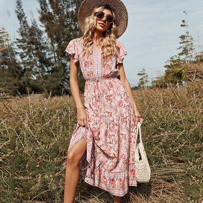 Short Sleeve Beach Bohemian Dresses Ladies v Neck Floral Maxi Casual Boho Dress