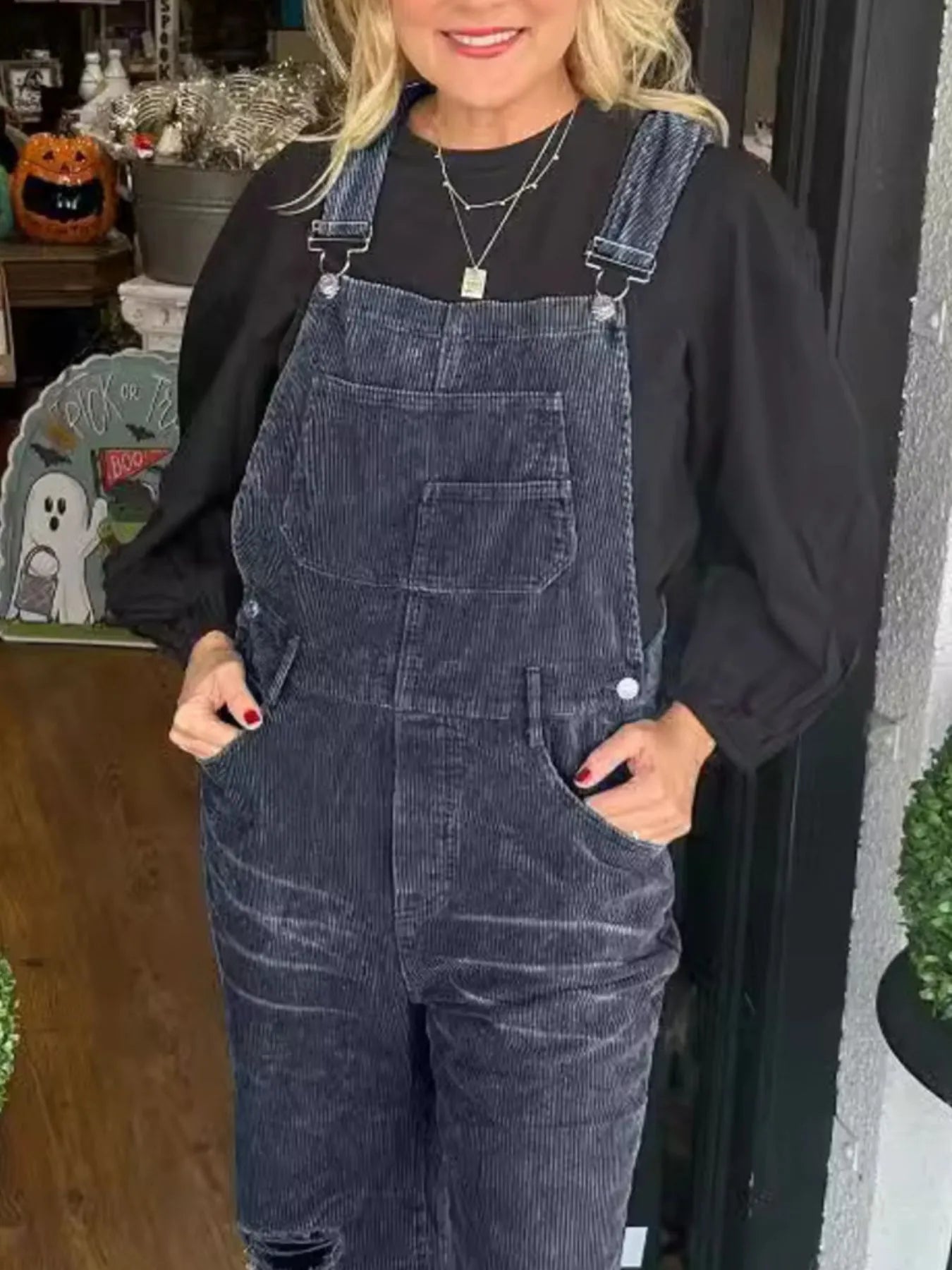 Distressed Wide Leg Corduroy Overalls - -