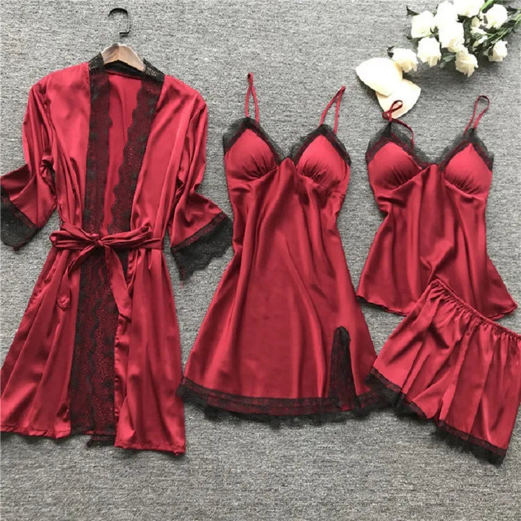 Four Pieces Sets Women's Sleepwear Summer Home Wear Pajamas Set Nightwear