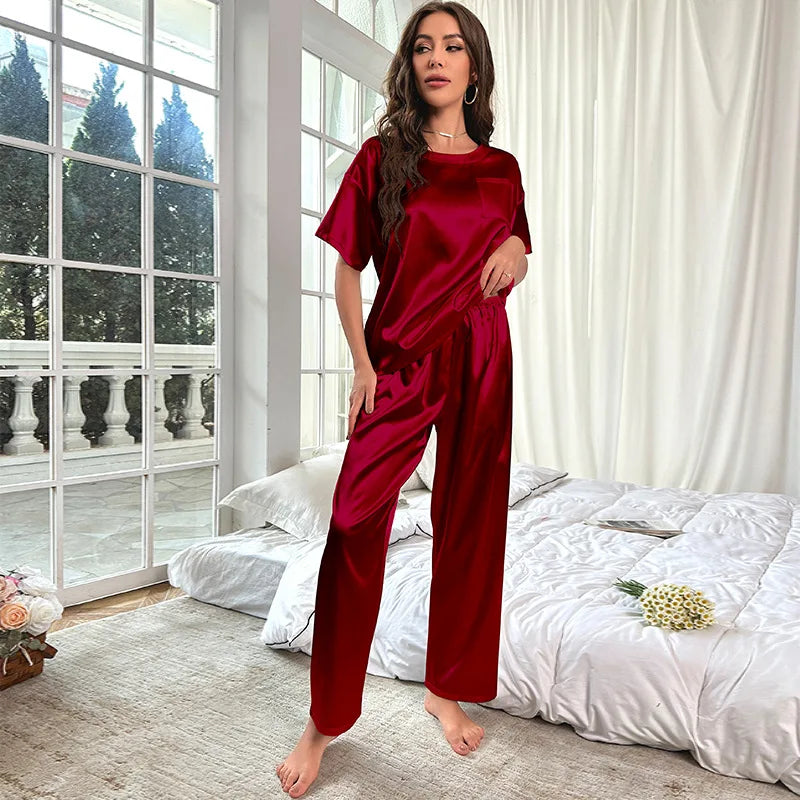 Satin Pajamas Set for Women 2Pcs Women Short Sleeve Shirt Long Pant With Pocket