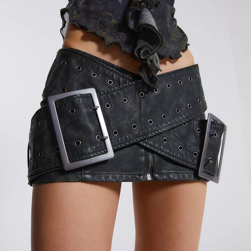 Vintage Distressed Leather Cross Belt Miniskirt - Black L - skirt