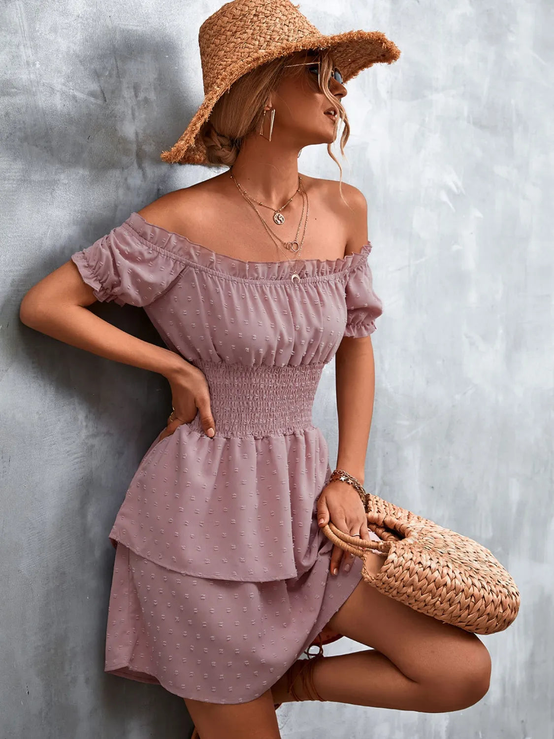 Ruffled Swiss Dot Off-Shoulder Dress - Dusty Pink -