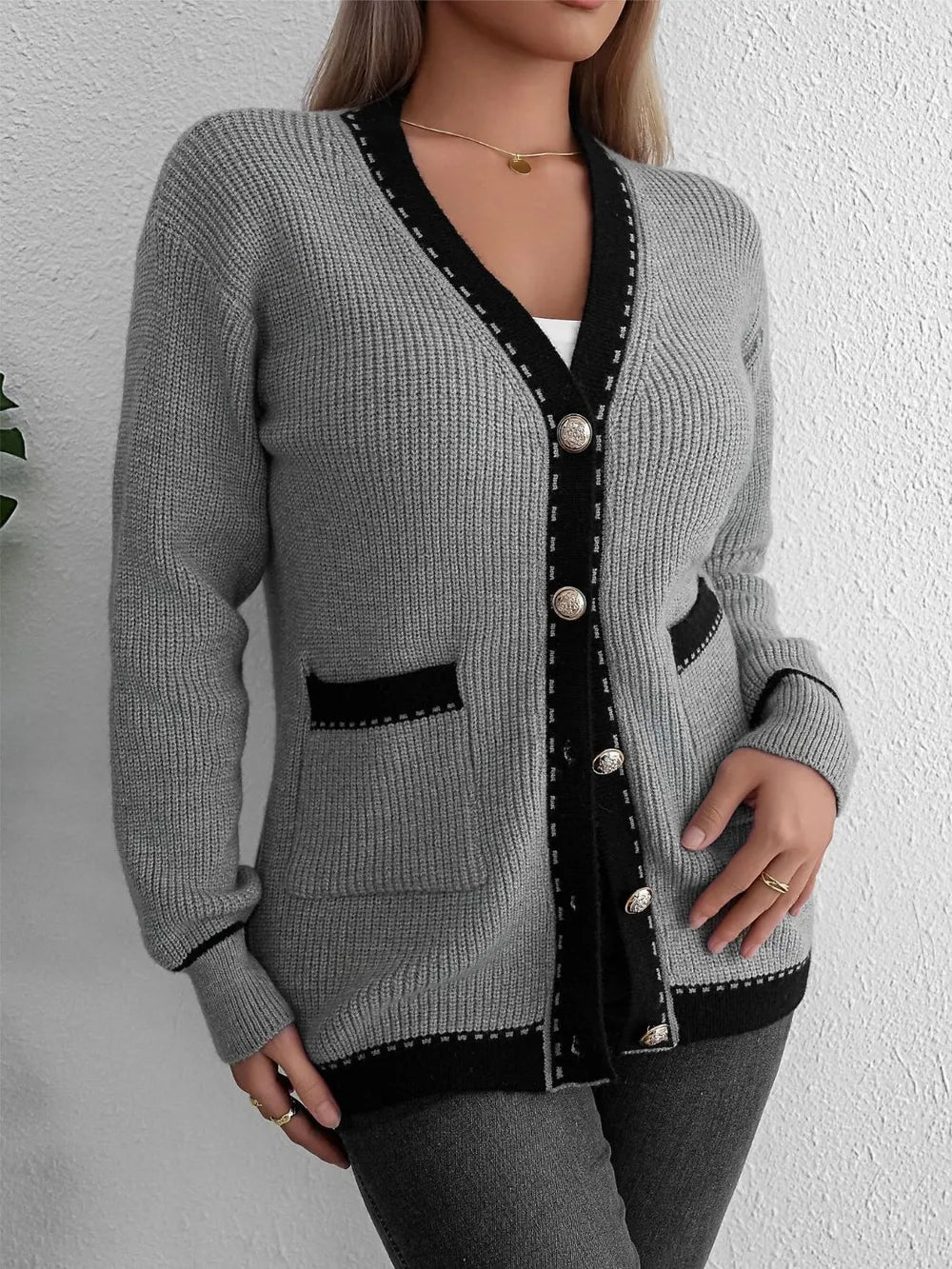 Contrast Trim Button Up Long Sleeve Cardigan - -