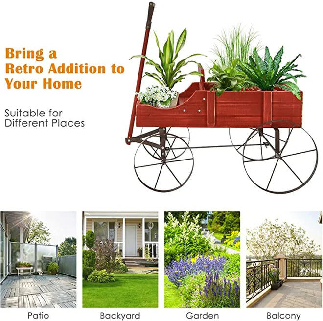 Wooden Garden Planter With Wheels 2 Planting Sections and Adjustable Handle