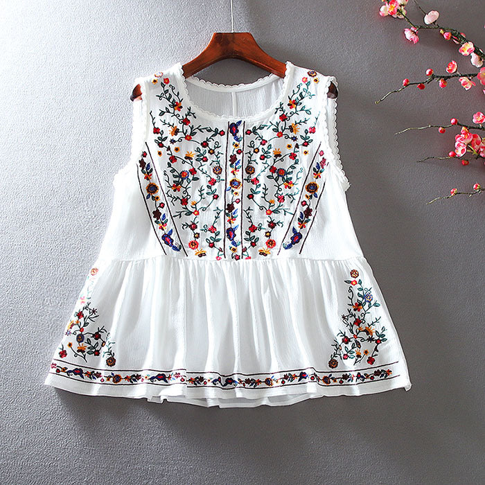Loose Retro Floral Embroidery Top - White L - top