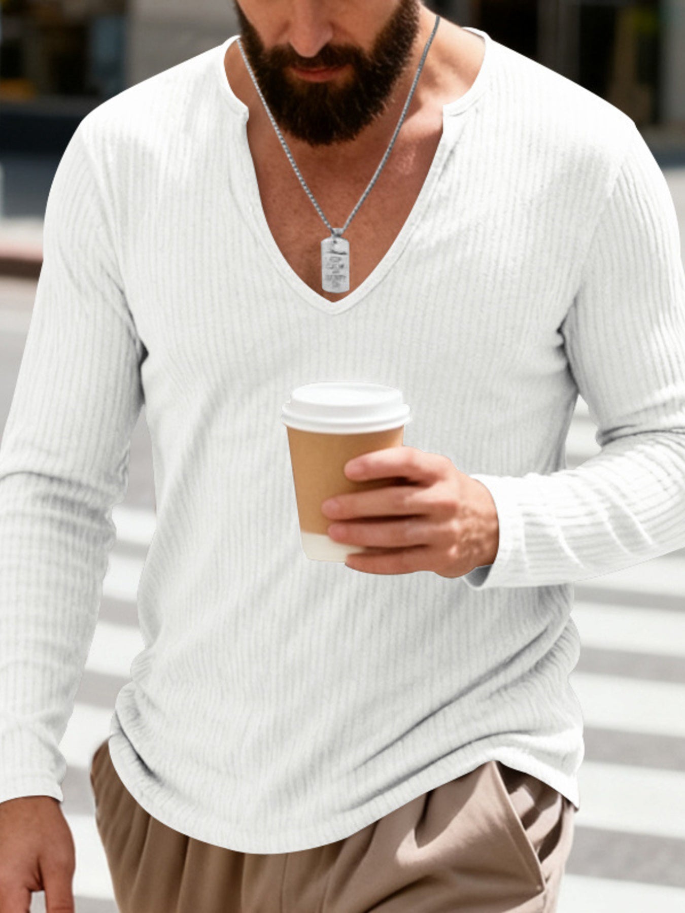 Men's Full Size Casual Ribbed Long Sleeve T-Shirt Plus Size - -