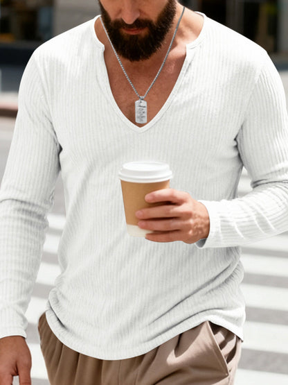 Men's Full Size Casual Ribbed Long Sleeve T-Shirt Plus Size - -