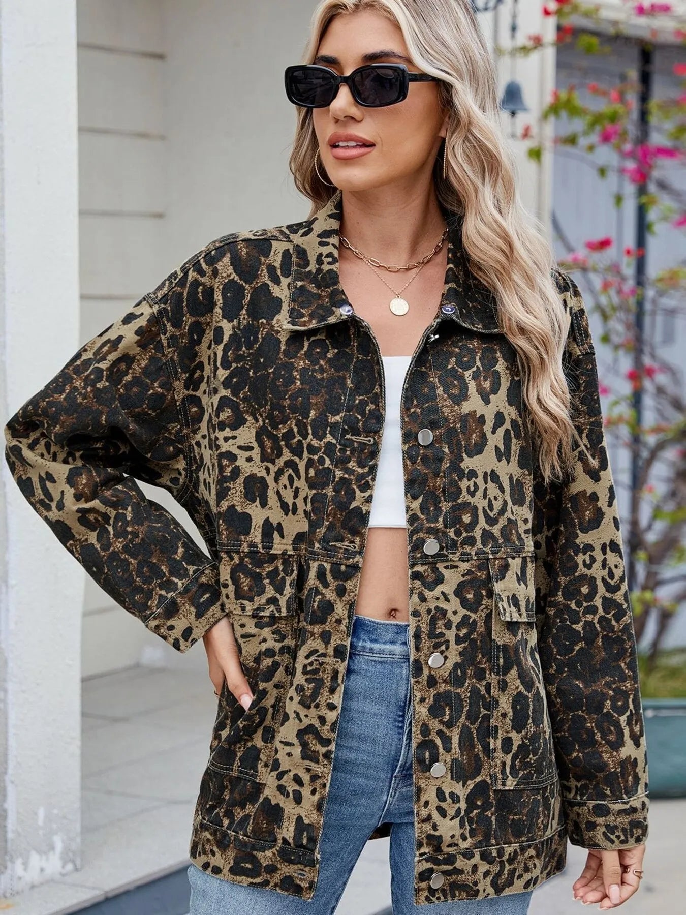 Button Up Long Sleeve Denim Jacket - Leopard -
