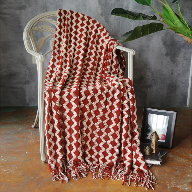 Geometric Knitted Chenille Throw Blanket - Wine Red 120x230cm - Blankets