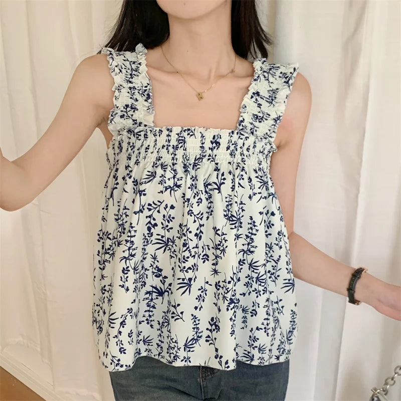 Loose Straps Floral Print Casual Square Collar Camis