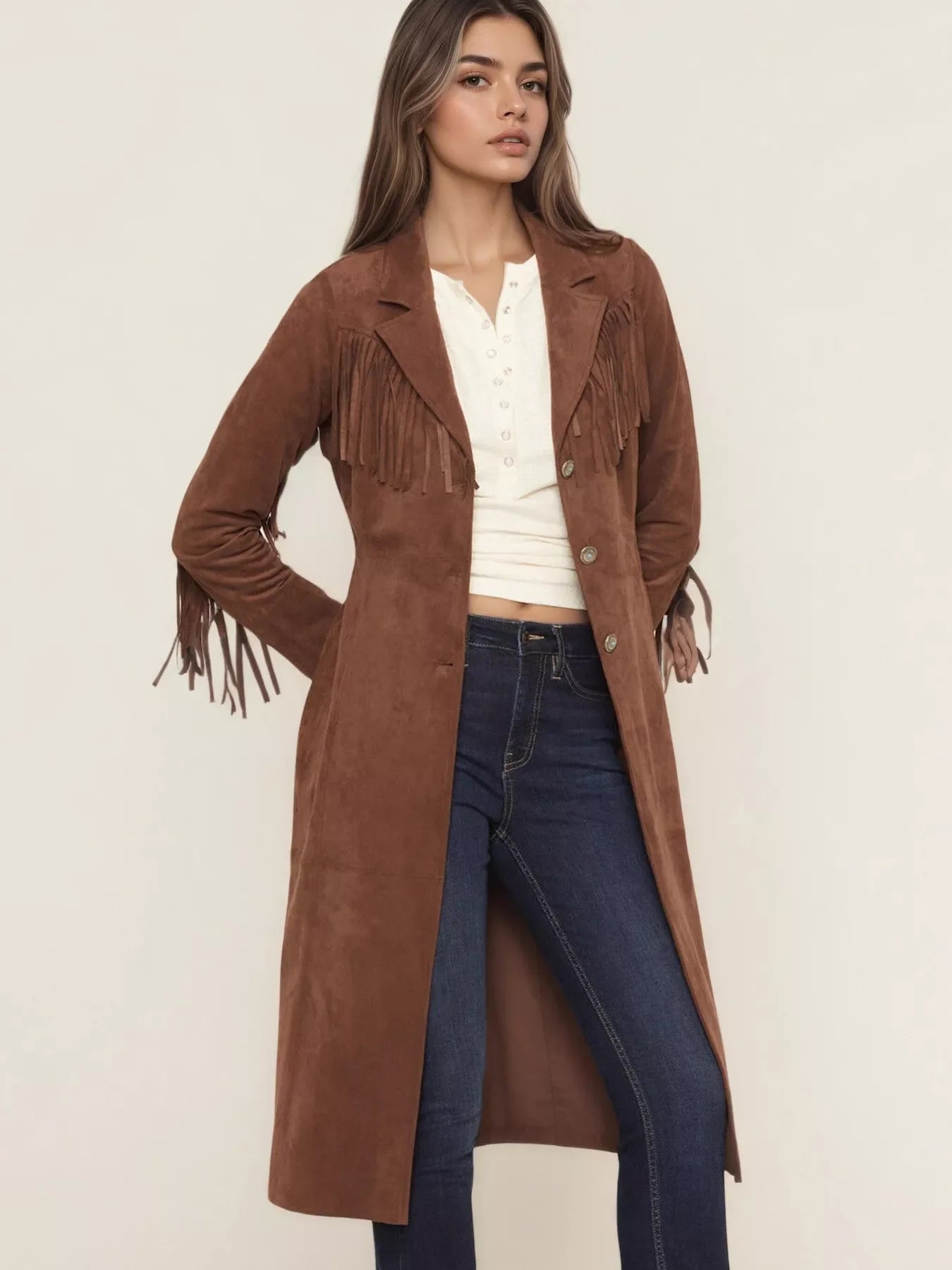 Fringe Lapel Collar Long Sleeve Coat - Brown -