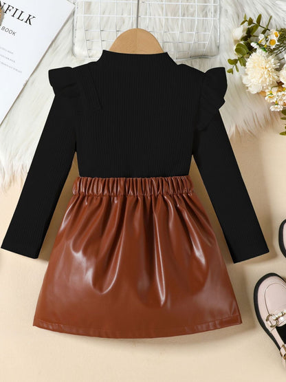 Children's Ruffled Trim Ribbed Top & Faux Leather Skirt Set - -