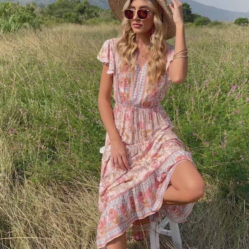 Short Sleeve Beach Bohemian Dresses Ladies v Neck Floral Maxi Casual Boho Dress