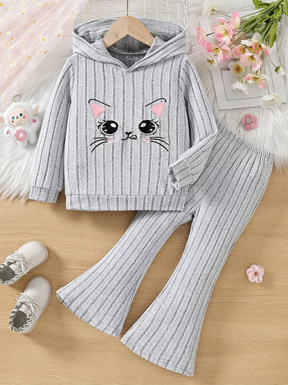 Children's Ribbed Knit Hooded Top and Pants Set - Light Gray -