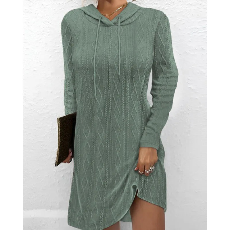 Solid Color Knitting Hoodie Knitted Dress for Women