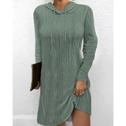 Solid Color Knitting Hoodie Knitted Dress for Women Green