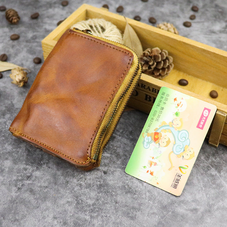 Vintage Retro Style Double Zipper Leather Wallet - Light brown - wallet