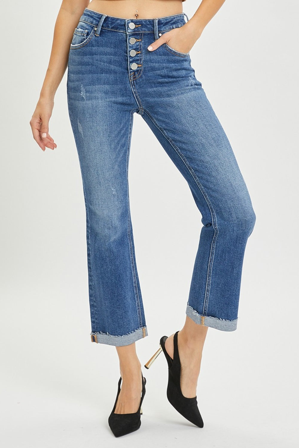 RISEN Button Fly Flared Leg Blue Denim Cropped Jeans - - jeans