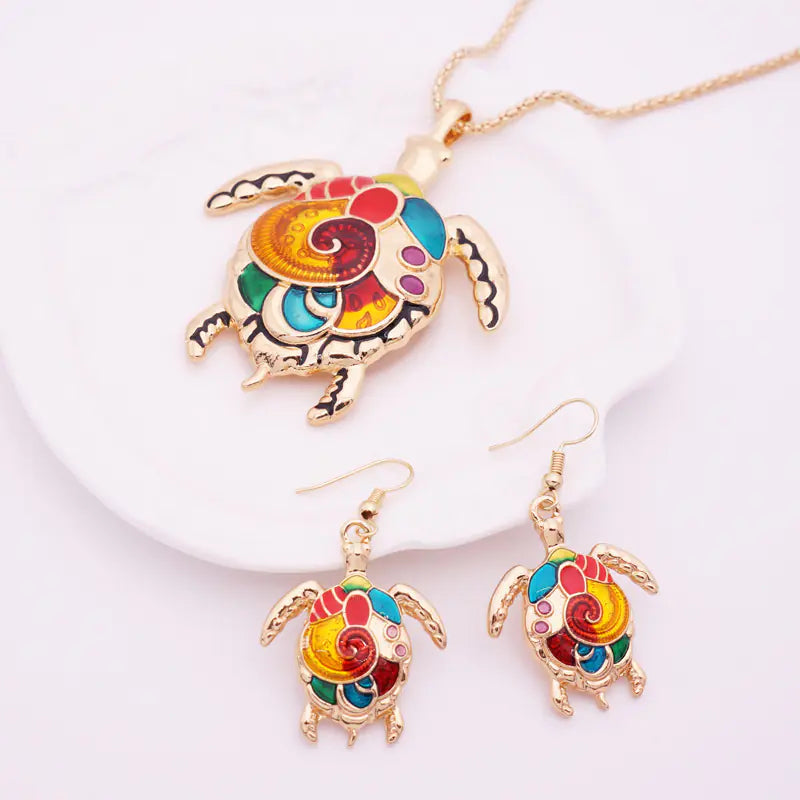 Fashion Rainbow Turtle Necklace Set with Punk Earrings Kia Day Design