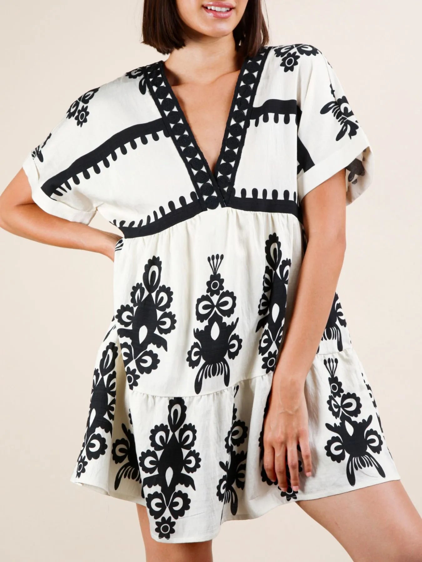 Printed V-Neck Short Sleeve Mini Dress - -