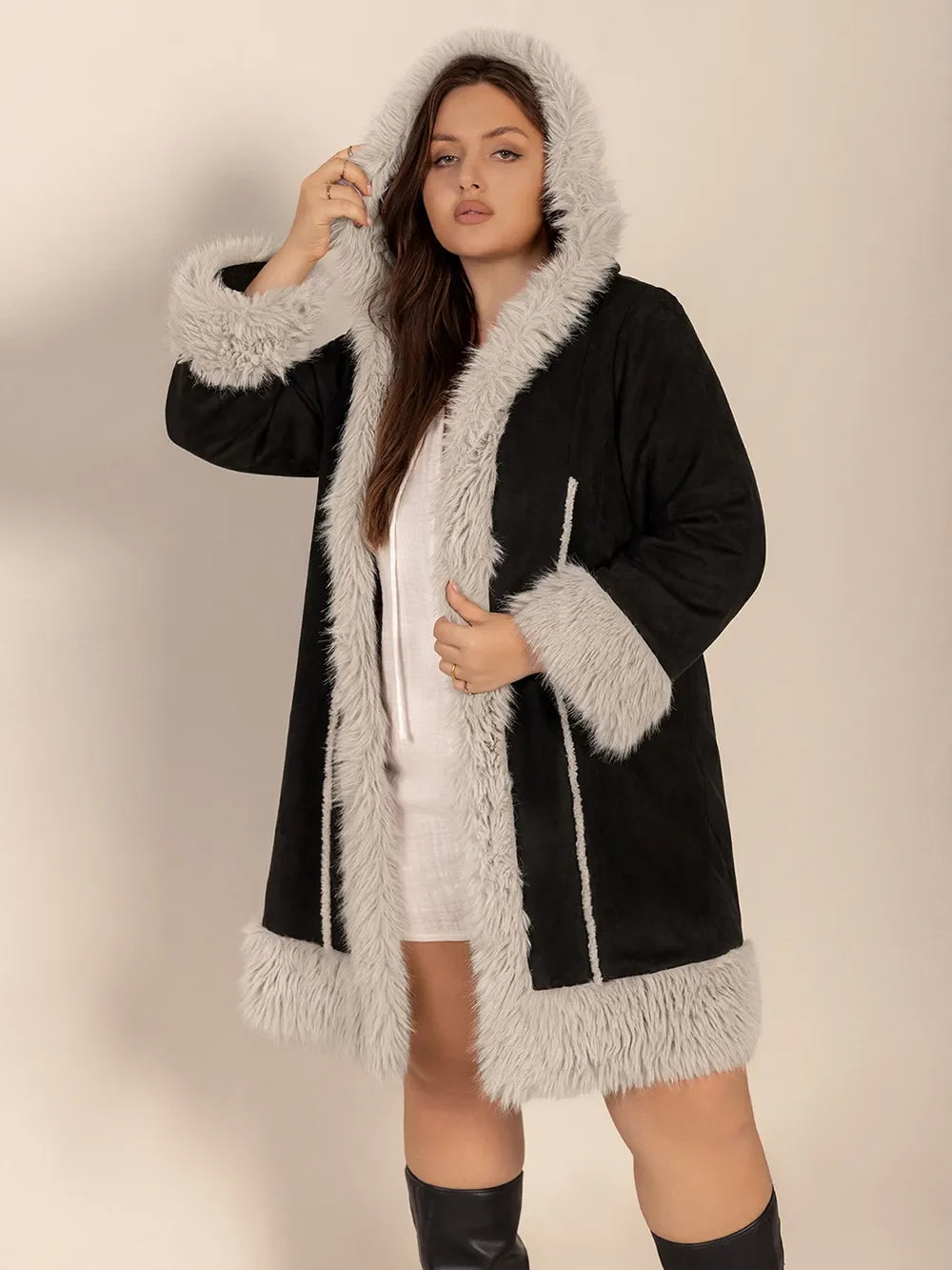 Plus Size Fuzzy Trim Open Front Long Sleeve Hooded Coat - -