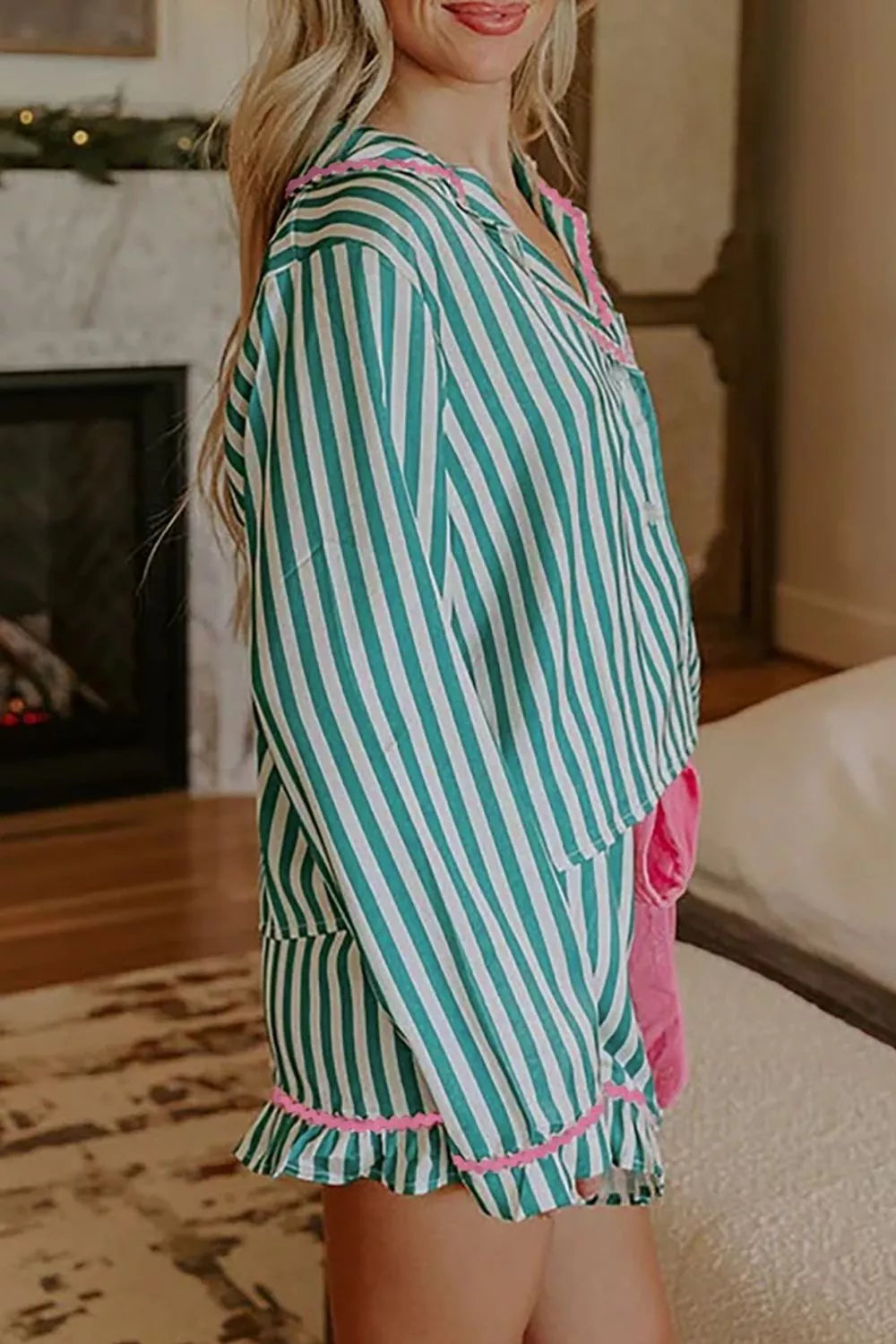 Stripe Contrast Ricrac Trim Long Sleeve Shirt Drawstring Ruffled Pajama Short Set- Shopimist- {{Product type}}