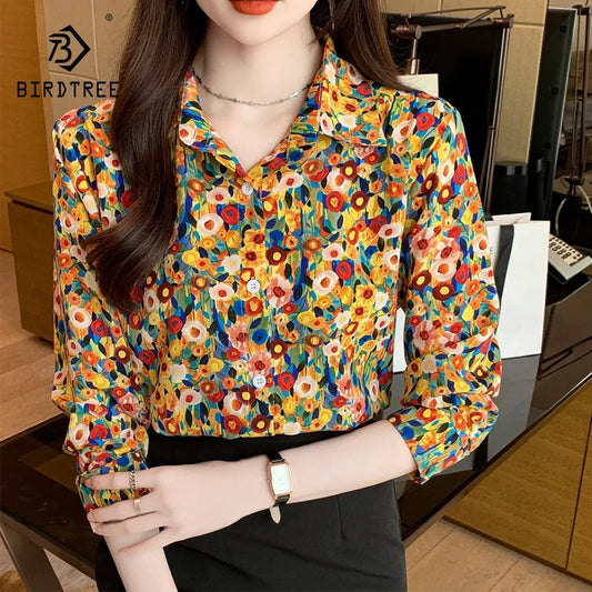 Women's Chiffon Vintage Abstract Print Button Up Loose Shirts Long Sleeve