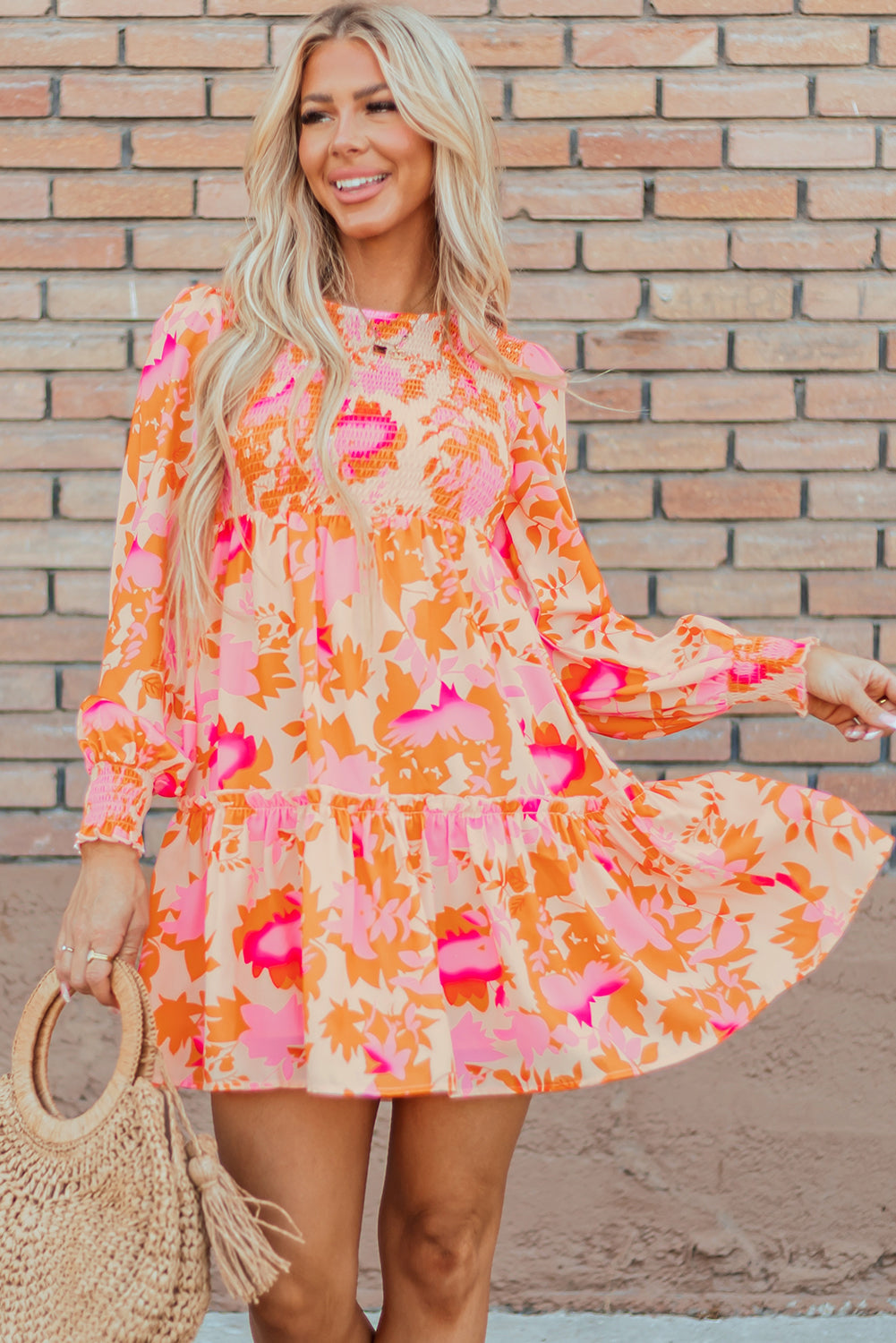Orange Abstract Print Smocked Lantern Sleeve Ruffle Mini Dress - - Dresses/Mini Dresses
