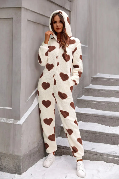 Fuzzy Heart Zip Up Hooded Lounge Jumpsuit - Dark Brown -