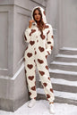 Fuzzy Heart Zip Up Hooded Lounge Jumpsuit - Dark Brown -