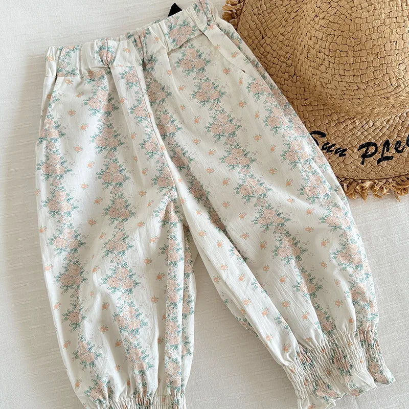 Kids High Waist Pants Floral Printed white