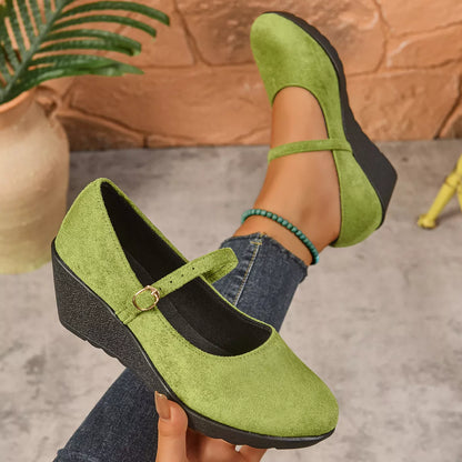 Round Toe Wedge Loafers - Green -