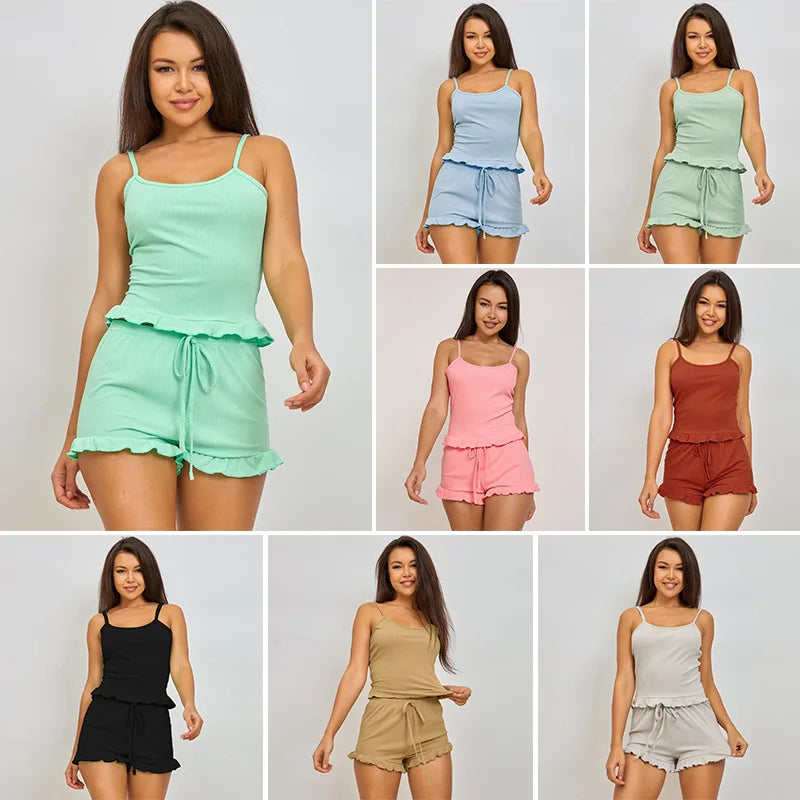 Women Summer Spaghetti Strap Sleeping Wear Crop Top Pajamas Shorts Set 2024