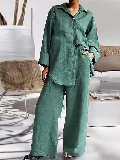 Long Sleeve Cotton Linen Shirt and Loose Pants Two Piece Set Loungewear Set Green