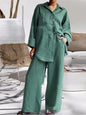 Long Sleeve Cotton Linen Shirt and Loose Pants Two Piece Set Loungewear Set Green