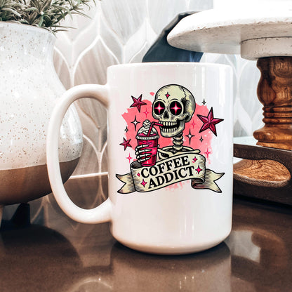 Coffee Addict Mug – Pink Skull Coffee Cup | Funny Caffeine Lover Gift, Ceramic, Dishwasher Safe - -