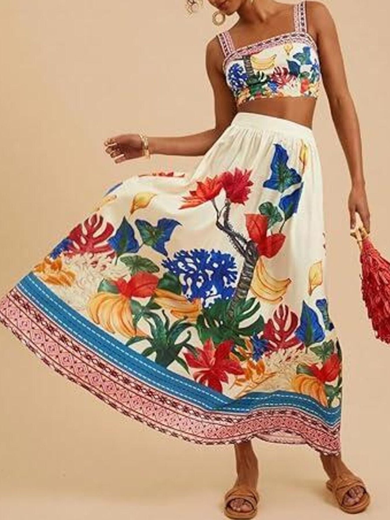 Floral Print Crop Top and Skirt Set - -