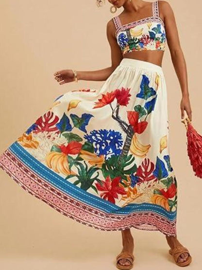 Floral Print Crop Top and Skirt Set - -